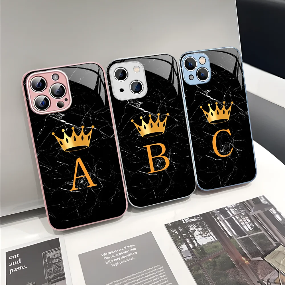 

Black Marble Crown Letter Phone Case Tempered Glass For Iphone 14 13 12 11 Pro Mini XS MAX 14Plus X XS XR Cover