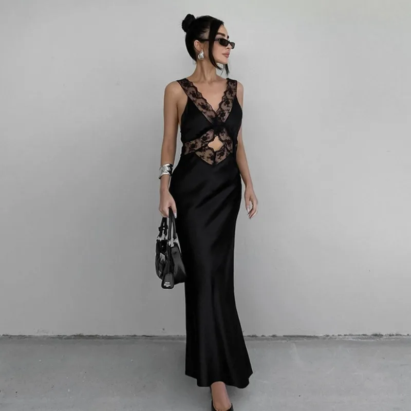 V Neck Patchwork Fashion Print High Waist Party Dress Female Long Dress Elegant Lace Backless Hollow Maxi Dress For Women