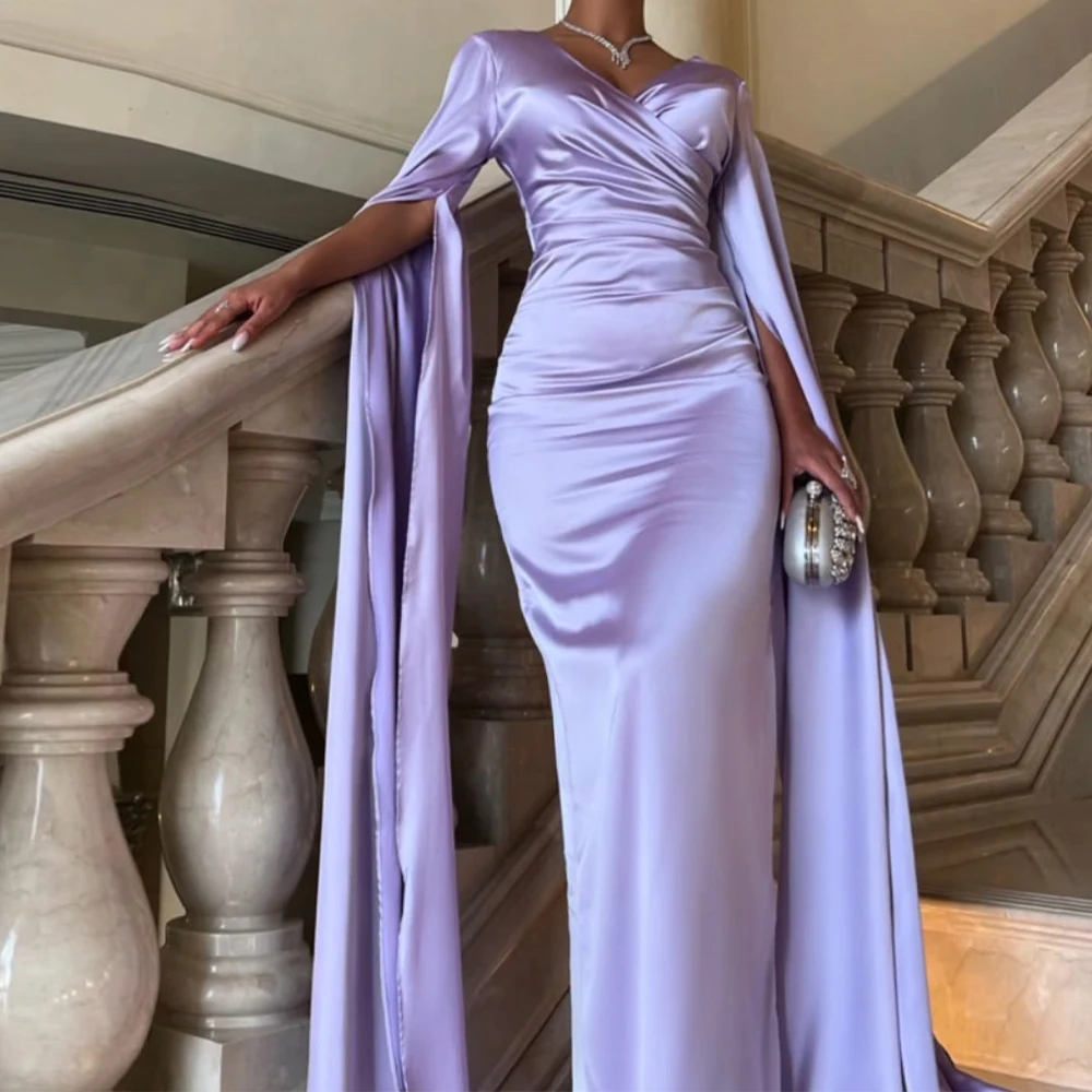 

Customized Temperament Straight Floor Length Strapless Satin Half Sleeves Pleats Evening Dress Classic vestidos para mujer