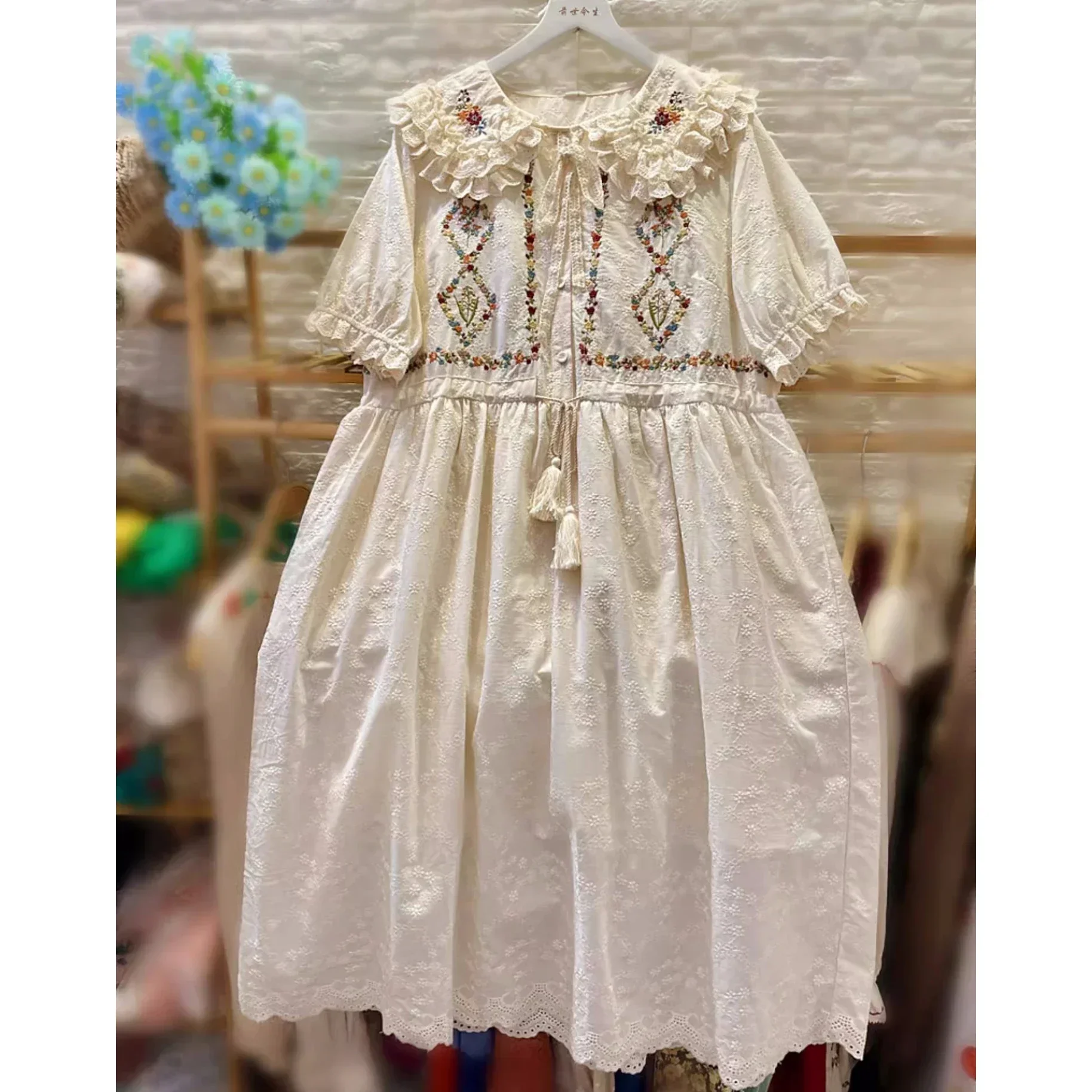 Vintage Retro Cotton Ruffled Lace White Tunic Long Midi Dress Summer Women Rococo Victorian Embroidery Birthday Lolita Dress