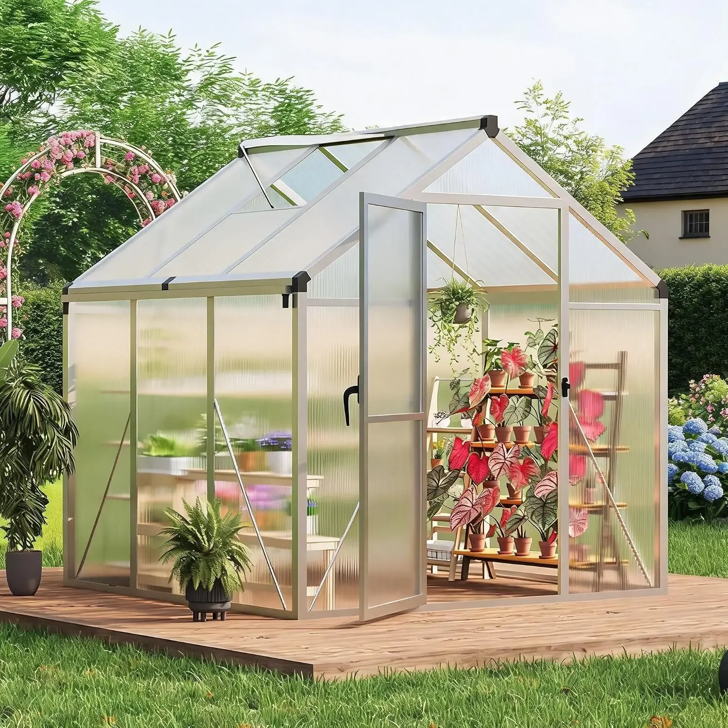 6 X 6 FT Walk-in Greenhouse Kit Heavy-Duty Aluminum Frame UV-Resistant Panels Adjustable Roof Vent Secure Door Integrated Rain Gutter Outdoor Greenhouse for Backyard Garden