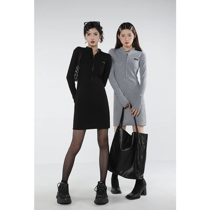 

Women Knitting Dress Spring New Sexy Long Sleeves Skinny Short Skirt Black Korean Fashion Streetwear Half High Neck Female Dress