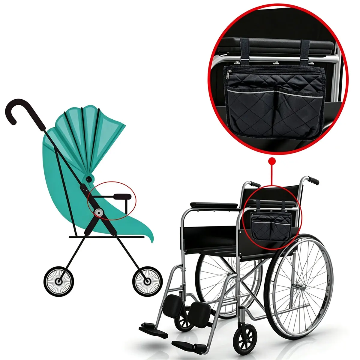 Wheelchair Armrest Side Bag Multi‑Pocket Storage Organizer Pouch Zippered Accessory Holder for Wheelchairs Walkers Rollators
