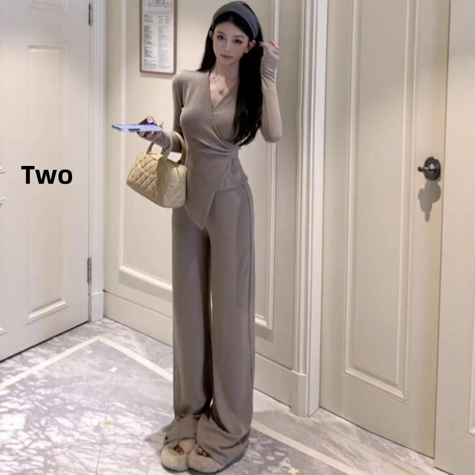 عارضة خارج الكتف طويلة الأكمام واسعة الساق السراويل قطعتين مجموعة غير النظامية أزياء الخريف الشارع نمط البوليستر مريحة تناسب