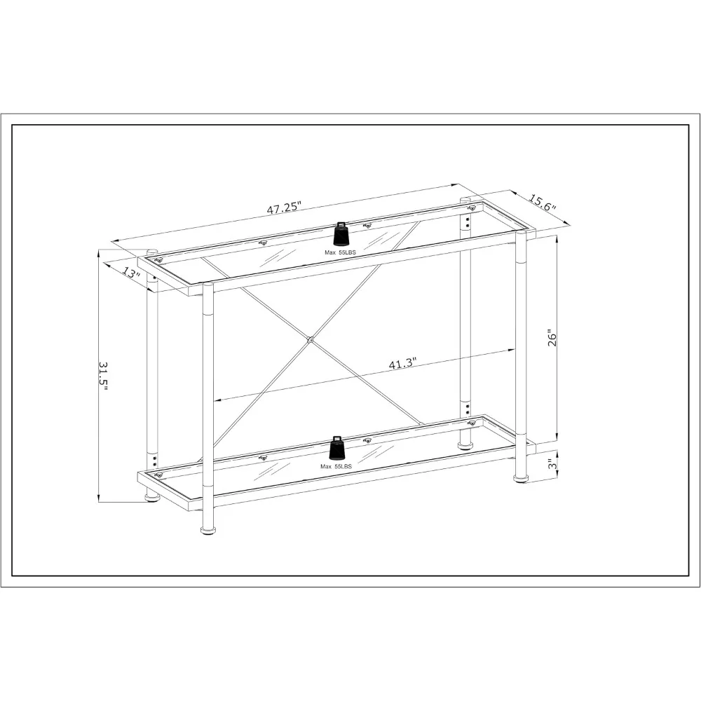 Contemporary Silver Glass Console Table with Two-Tier Storage for Narrow Spaces and Entryways