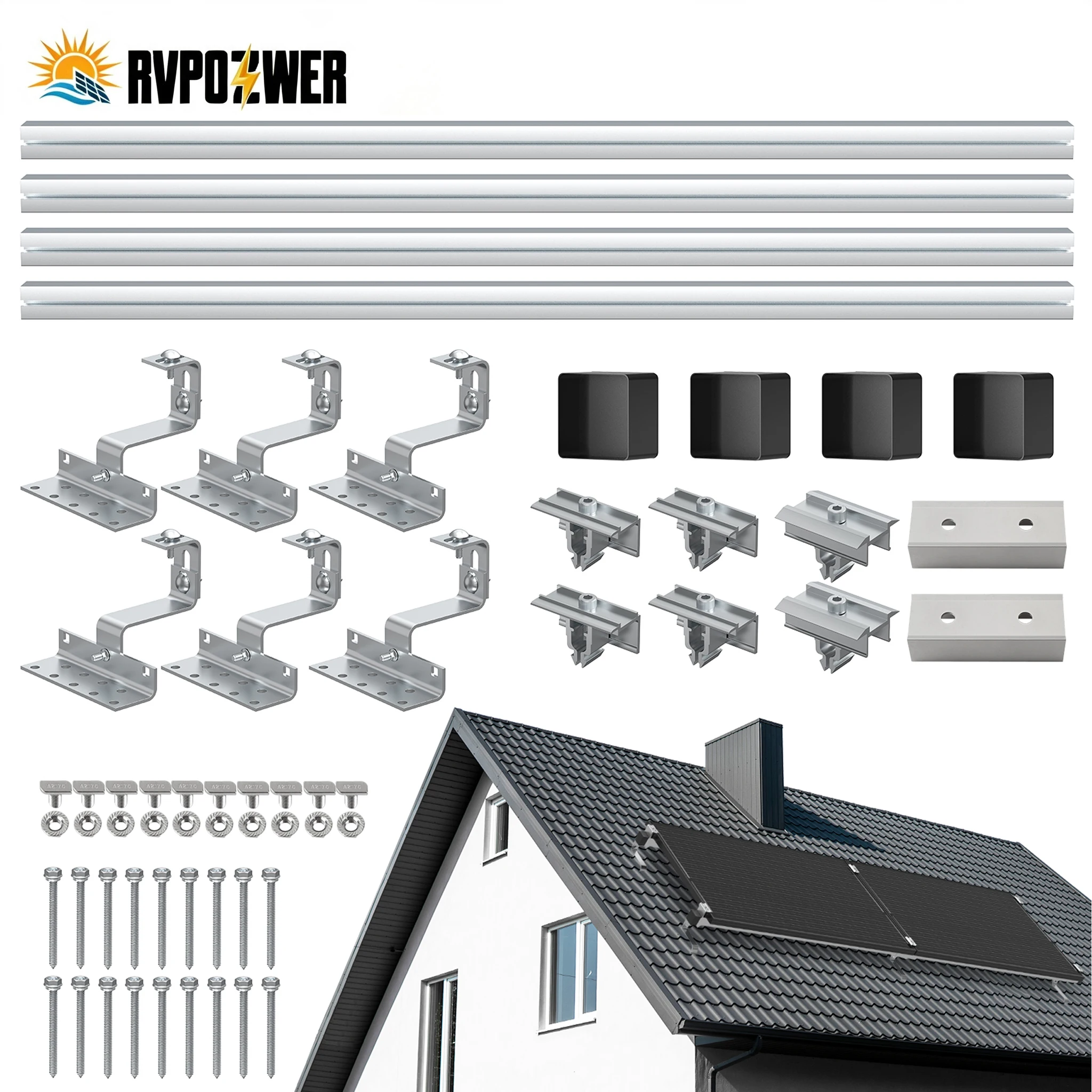 RVPOZWER Heavy‑Duty Aluminum Tile Roof Solar PV Mounting Hardware Kit, Corrosion‑Proof Complete Roof Hook & Fastener Set for Household Tile‑Roof Off‑Grid Solar Power Installation