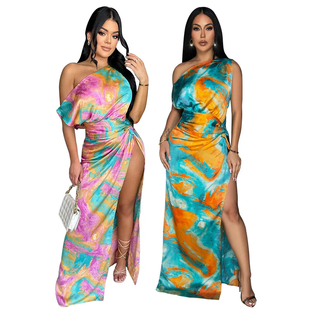 

Summer Dress Beach 2024 Swim Wear Bathroom Vestido Verao For Women Set Outing Kaftan Sexy High Slit Diagonal Collar Tie Dye With