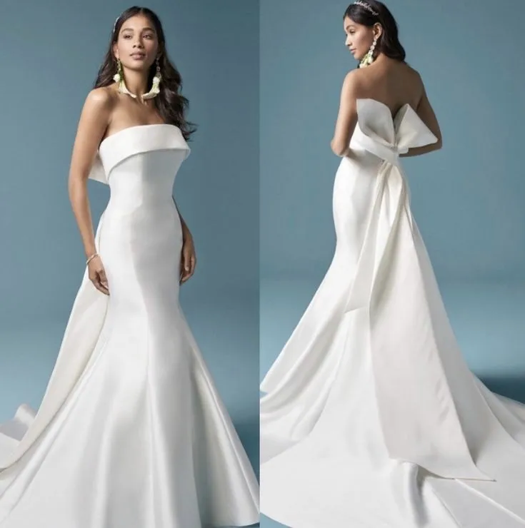 Vestidos de casamento longos sem alças vintage com arco para mulheres, vestido de sereia sem mangas, trem marfim, vestidos de noiva abertos