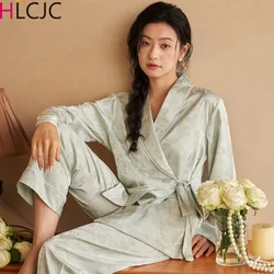 High Quality Light Luxury Ice Silk Pajamas Women's Pajama Spring and Autumn Jacquard Long Sleeve Home Set Nightwear Sleepwear