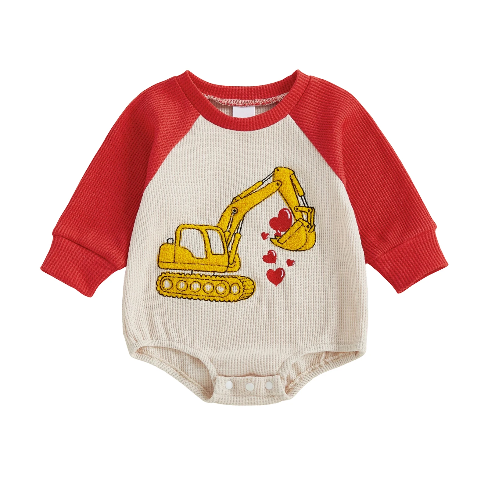 

Baby Boy Valentine s Day Romper Long Sleeve Round Neck Excavator Heart Embroidery Bodysuit Newborn Playsuit