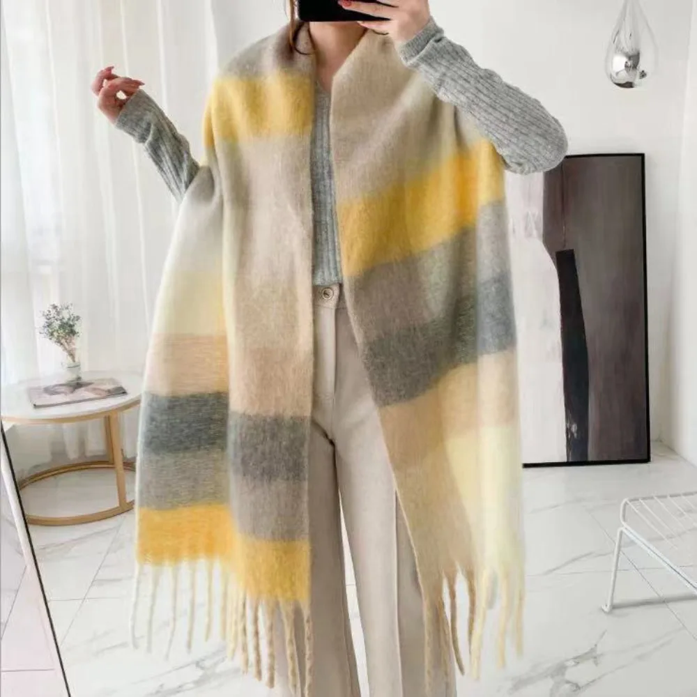 Female Korean Style Thickened Scarf Versatile Four Color Long Tassel Gradient Tie Dye Scarf Necks Warm Thicker Cashmere Scarf