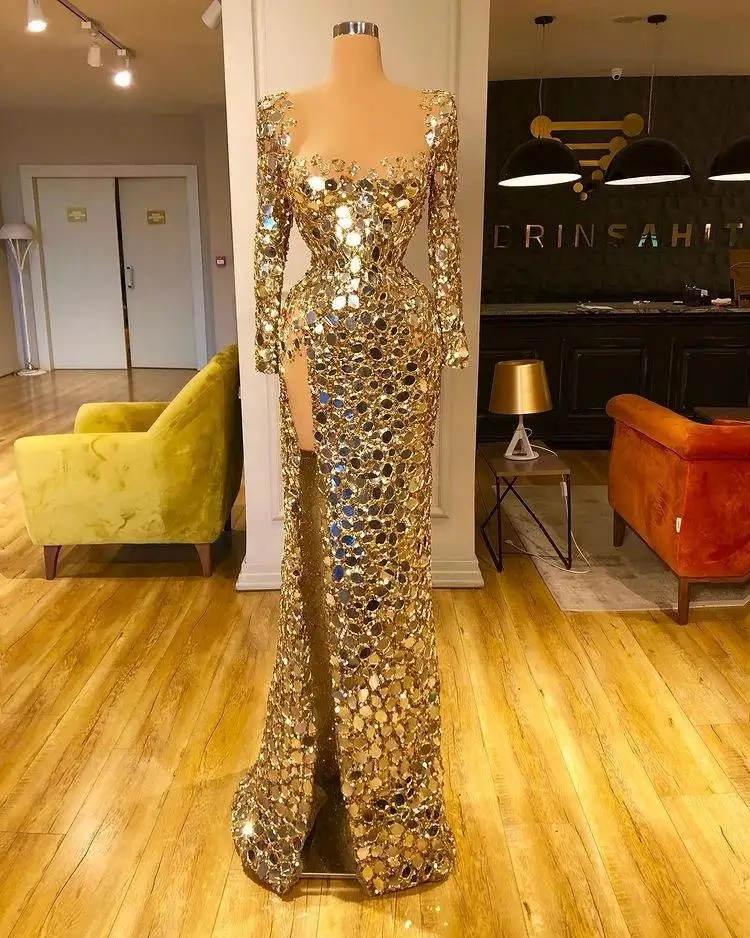 Gold Sexy Mermaid Evening Dresses long sleeve High Split mirror diamonds Plus Size Prom engagement Pageant gown Vestidos