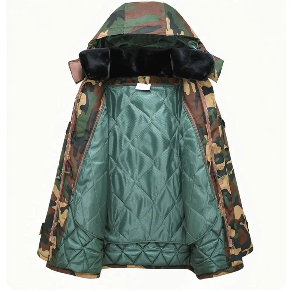 Winter Mens Thermal Cotton Jacket Camouflage Long Parka Waterproof Thick Padded Coat Outdoor Working Windproof Heavy Duty Wear