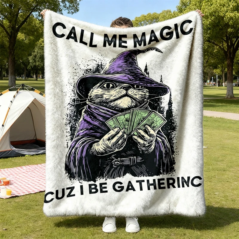 Call Me Magic Cuz I Be Gathering Flannel Blanket - Funny Wizard Cat Meme Fantasy Flannel Throw