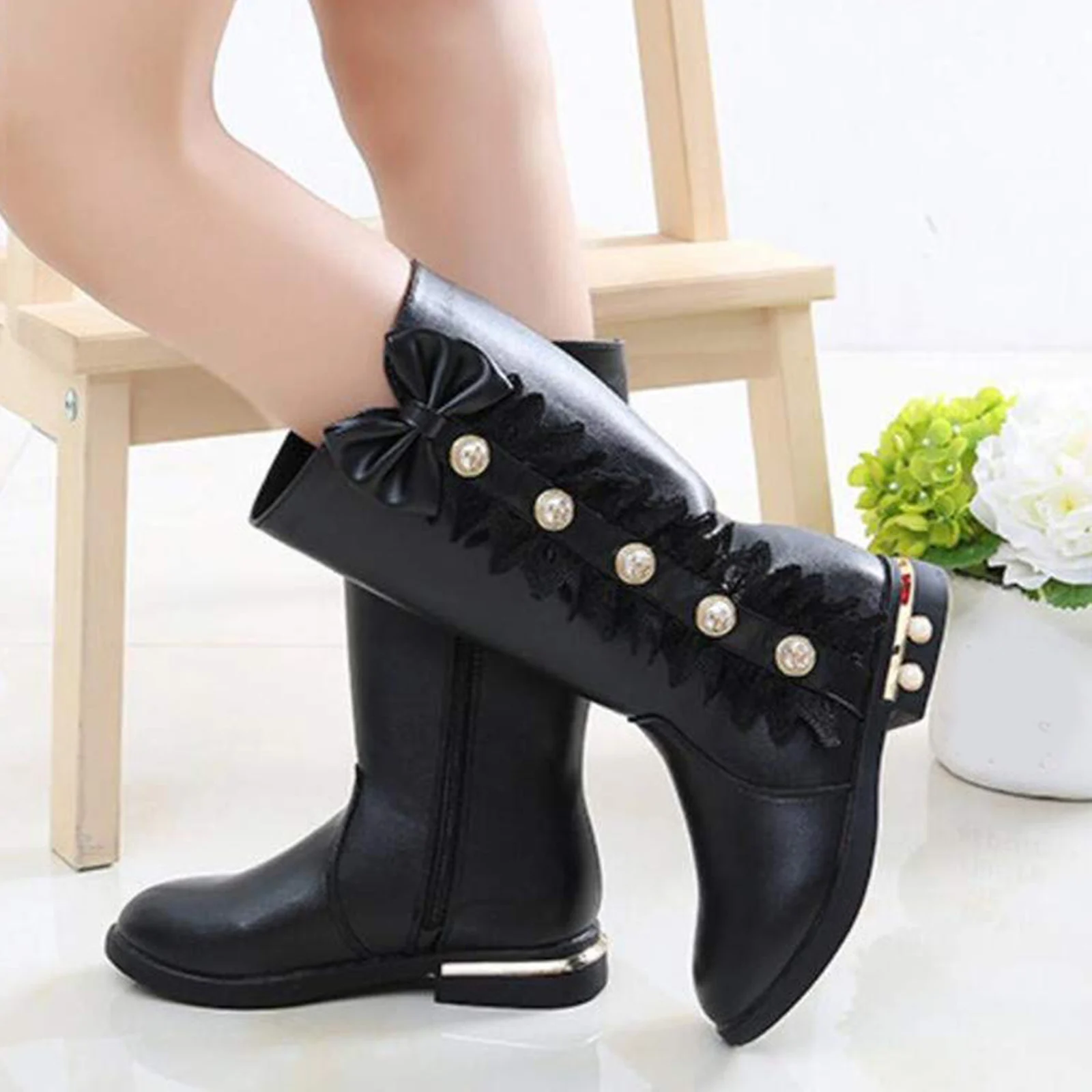 الفتيات الأطفال الأميرة أحذية اللؤلؤ الدانتيل المشذبة الأحذية الحلو لون نقي عالية أعلى أحذية طويلة كعب منخفض رصع الأزياء والأحذية #4