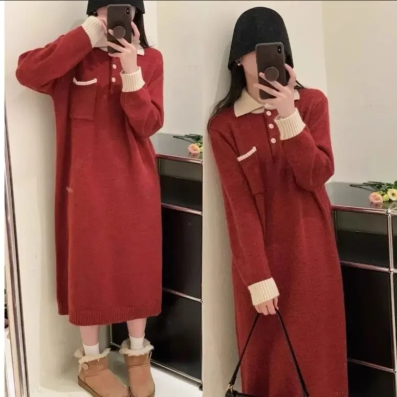 Lazy wind loose with coat knitted dress women's autumn and winter thick lapel sweater skirt knee-length long skirt