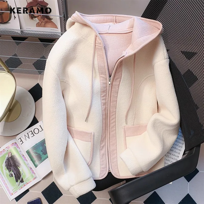 

2023 Autumn Winter Korean Sweet Style Zipper Patchwork Hooded Jacket For Women Outerwear Casual Fashion Loose Pockets Coat