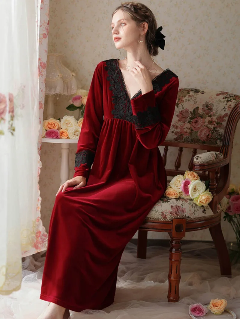 Women Winter Velour Robe V-Neck Backless Victorian Night Dress Pleuche Velvet Sleepwear Princess Vintage Nightgowns Homewear