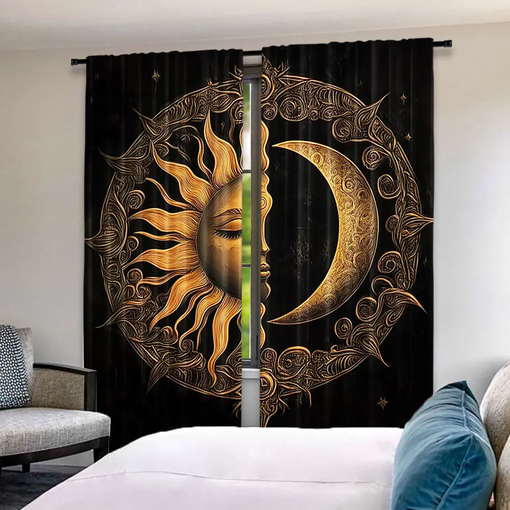 2Pcs Black Golden Curtains Sun And Moon Pattern Curtains Suitable For Bedroom Kitchen Dining Room Living Room Study Office