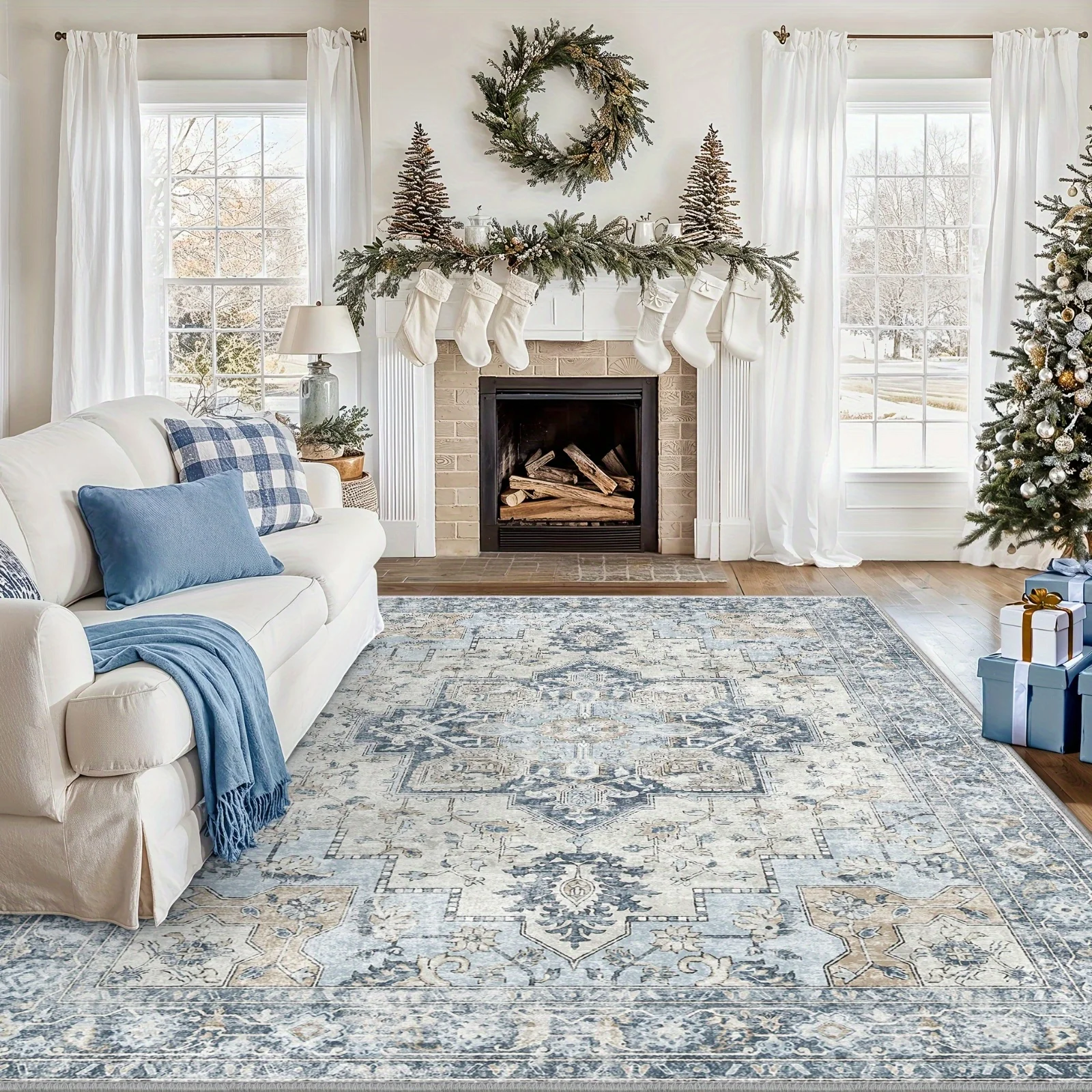 

Area Rugs for Living Room, Machine Washable Rug, Non-Slip Vintage Retro Rugs, Low Pile Lightweight Chenille Print Rug for Bedroo