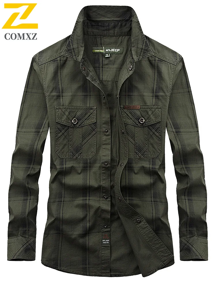 Men's Plaid Shirt Spring and Autumn New Retro Cotton Multi-Pocket Long Sleeve Shirts Male plus size 5xl Casual Loose Button Tops