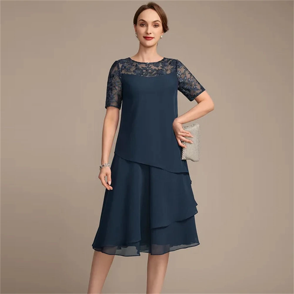 

Simple sexy elegant Mother of the bride Chiffon Dress Lace Short sleeve A-line Crew Retro Fashion Draped Knee-length Dress