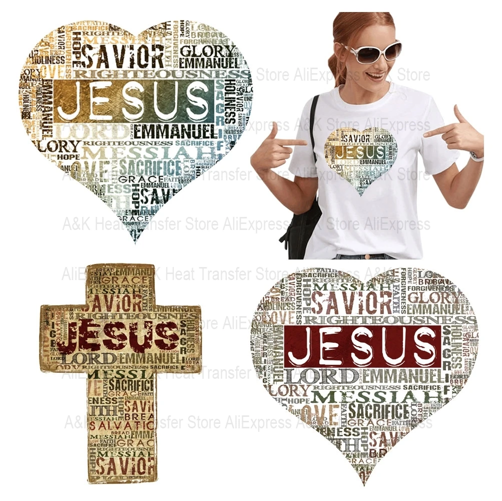 

Cross With Religious Words Stickers Heart Jesus Patches Iron On Clothes DIY Washable Print-On T-Shirt Iron On Patches Decor