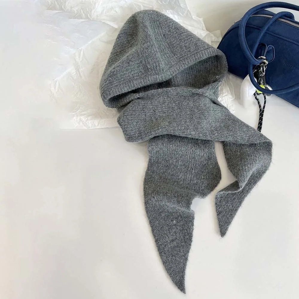 

Acrylic Fibers Knitted Hooded Cap Triangular Ear Protection Neck Collar Beanies Cap Solid Color Thickened Winter Neckerchief Hat
