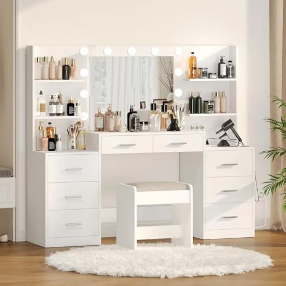61.9‘’L Large Vanity Desk Set with Mirror & Lights, Makeup Vanity with Stool and Charging Station, Makeup Desk with Drawers
