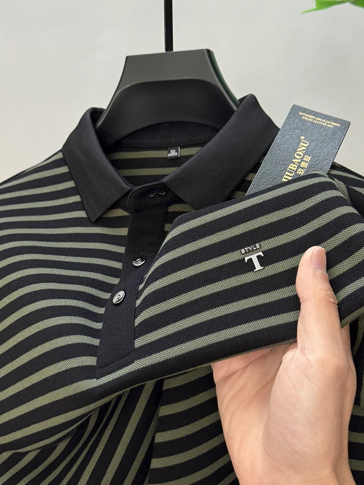 High-end Polo Shirt Men\'s Striped Business Casual Printed Long-sleeved Fashion Spring Autumn Lapel T-shirt Hot stamping Tops