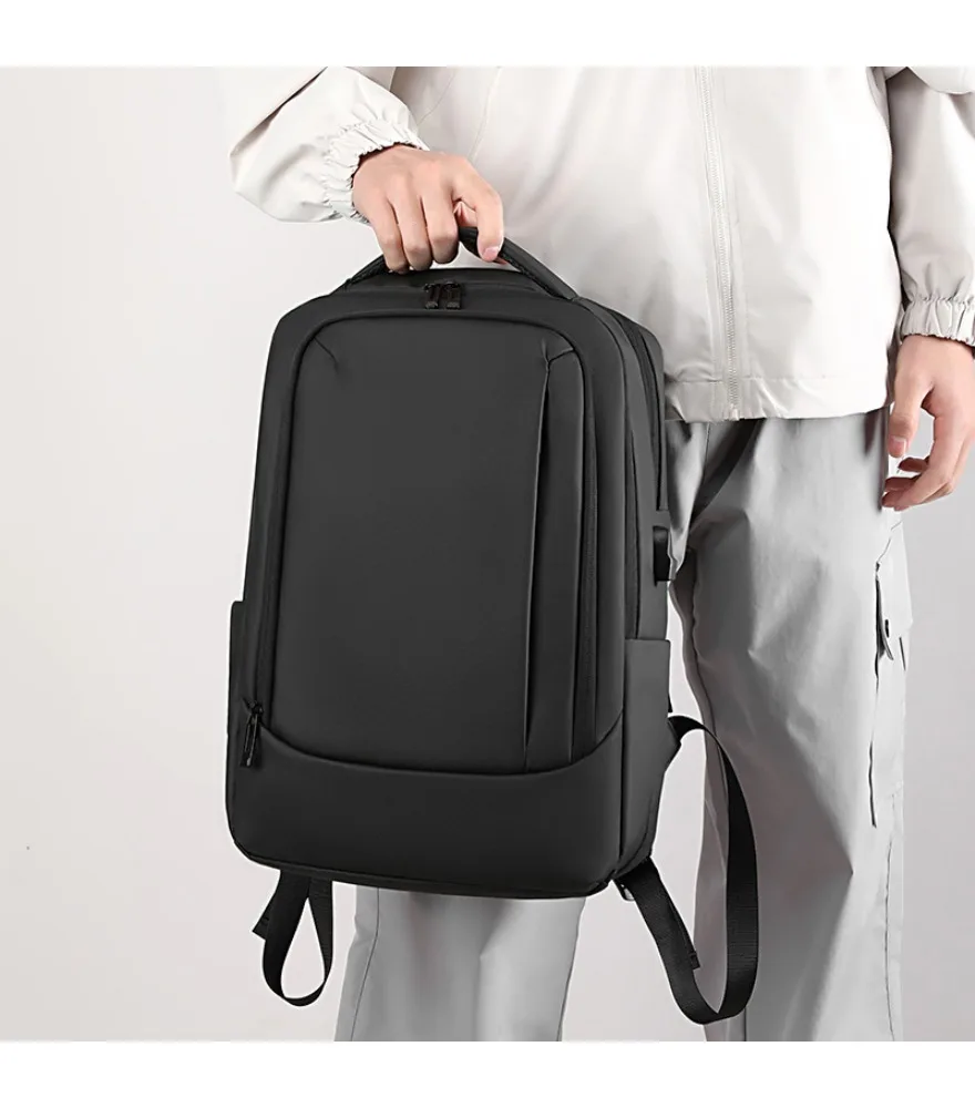 Black double layered daily backpack with side USB interface anti splash scratch resistant fabric for office worker casual use