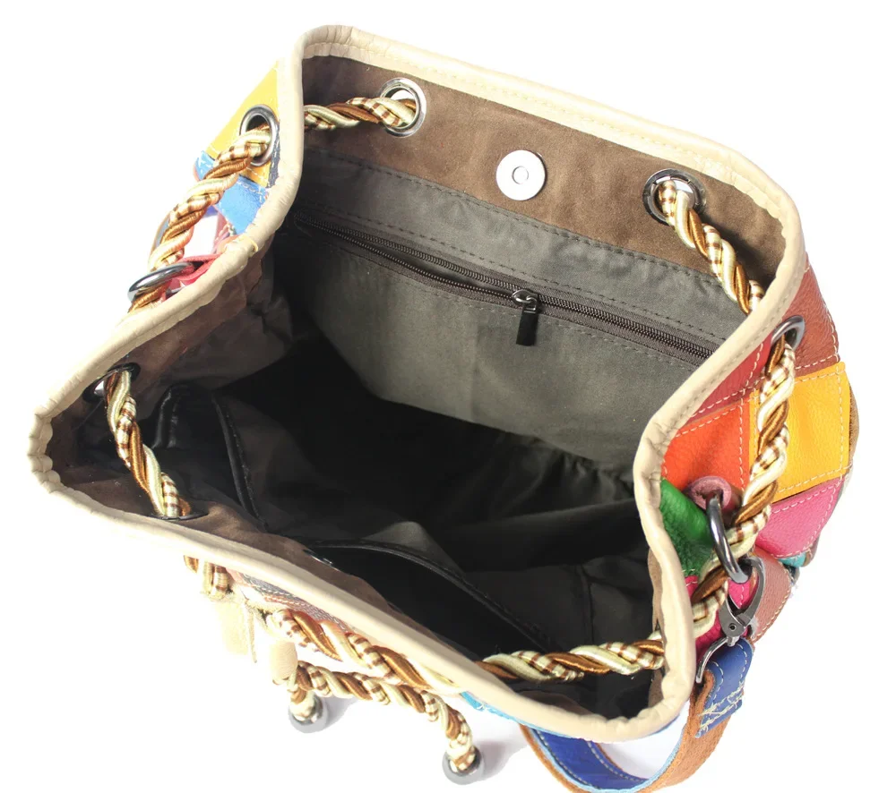 Female Casual Flower Genuine Leather Random Multi-color Backpack Big Size Travel Patchwork Work Daily Laptop Drawstring Daypack