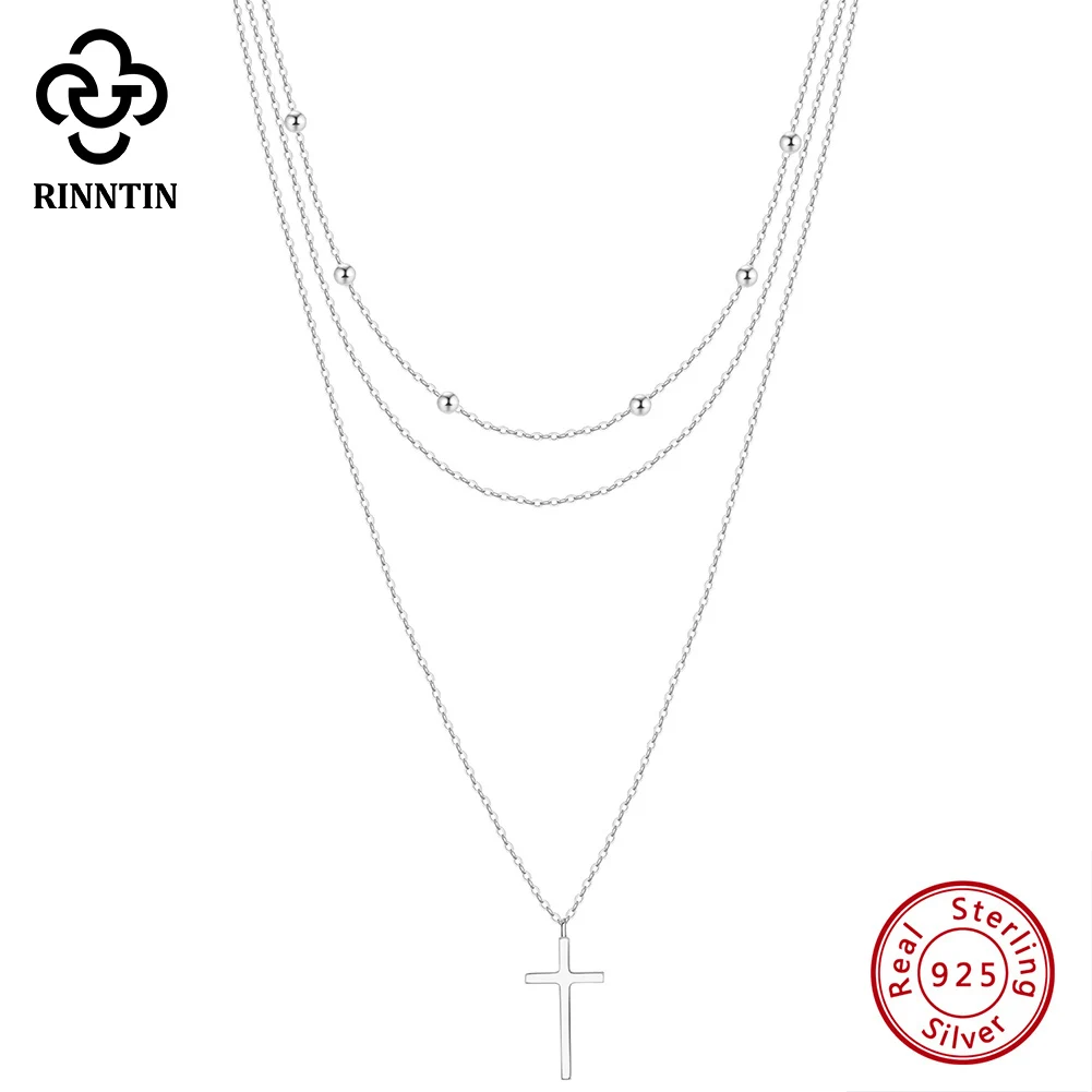 Rinntin Genuine 925 Sterling Silver Cross Pendant Necklace Round Cut Fashion Chain Charm Silver Necklace for Women BQN07