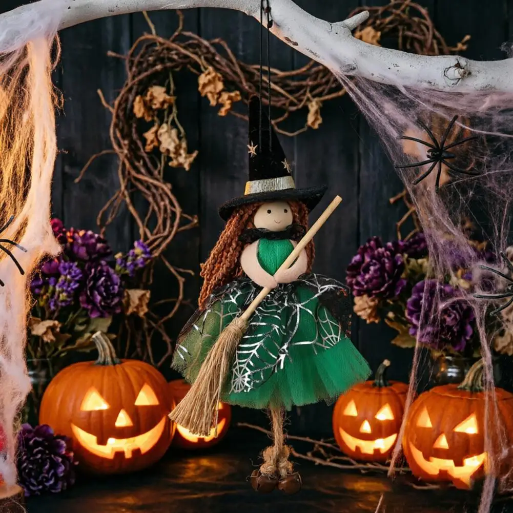 Realistic Witch Doll Halloween Party Decorations Halloween Witch Doll with Broom Small Hanging Witch Figurine Gauze for Haunted
