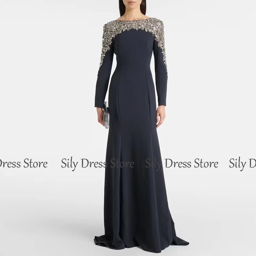 Crystals Luxury Mother Of The Bride Gowns Jersey Mermaid/Trumpet Formal Evening Dress Navy Blue Boat Neck Rhinestones Prom Gown image 2
