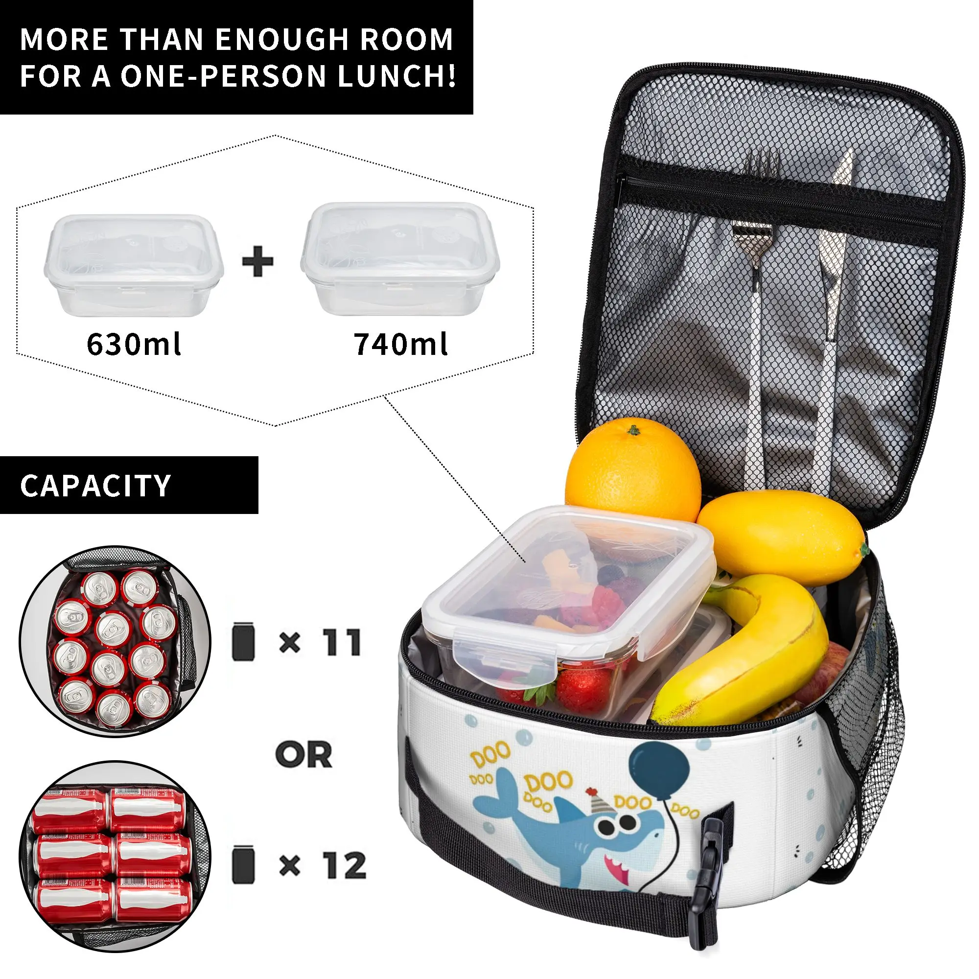 Finny Sharks Teaching ABC Insulated Lunch Tote Bag for Outdoor English Cartoon Lightweight Thermal Cooler Men Women Bento Bags