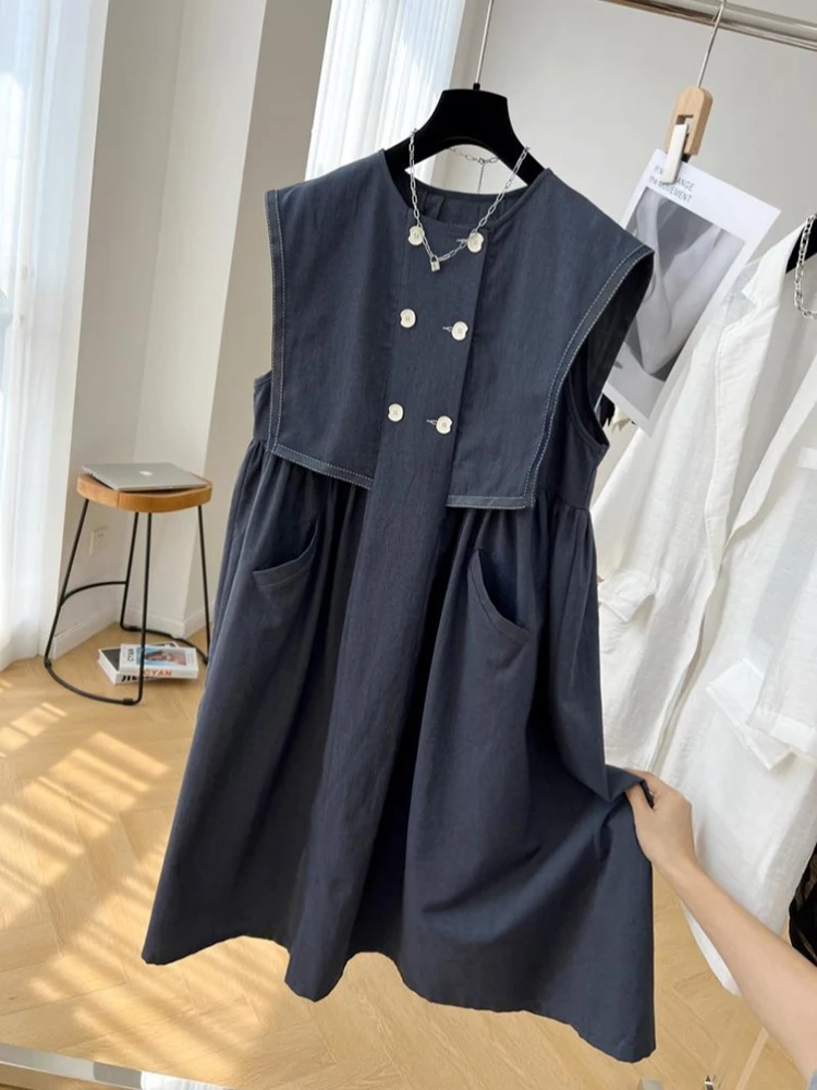 Summer New Round Neck Sleeveless Dress Women Elegant Fashion Temperament Double Breasted Mini Dress