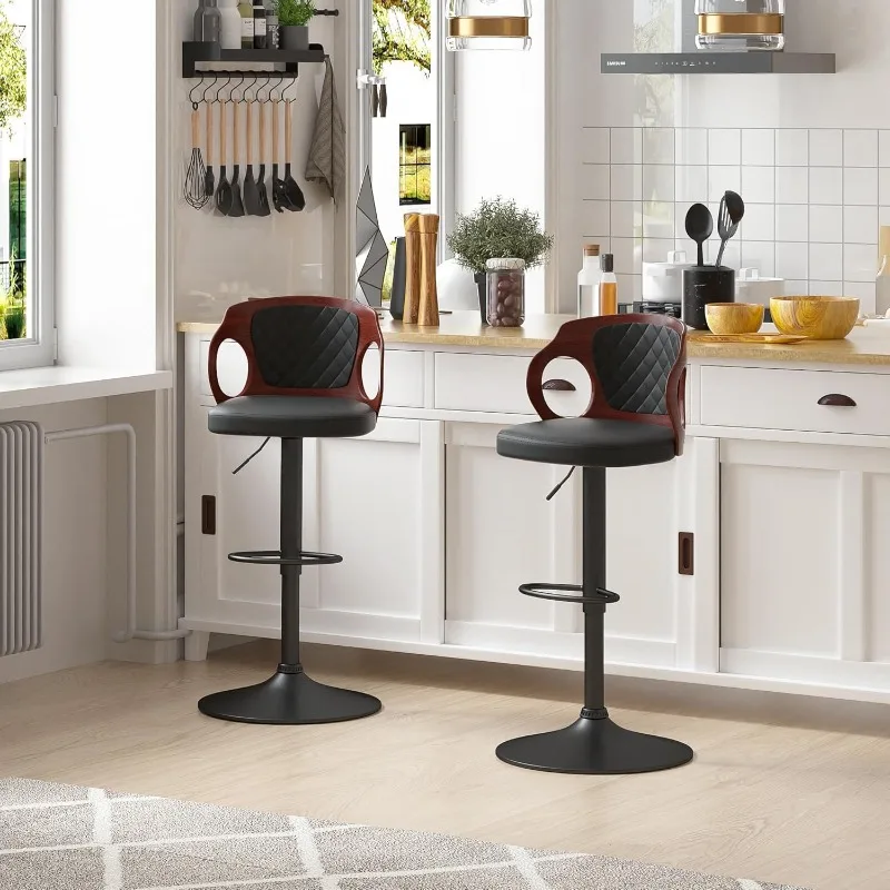 

Bar Stool Set of 4, Kitchen Island Stools with Bentwood Back,Arm&Footrest, PU Leather Cushion Seat Adjustable Height 360° Swivel