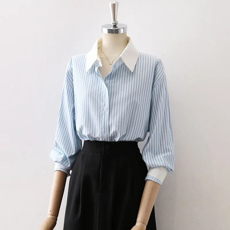 Patchwork Blue Striped Shirts for Women, Turn-Down Collar, Slim, Elegant Office Lady Outwear, New Design, Summer, 2023