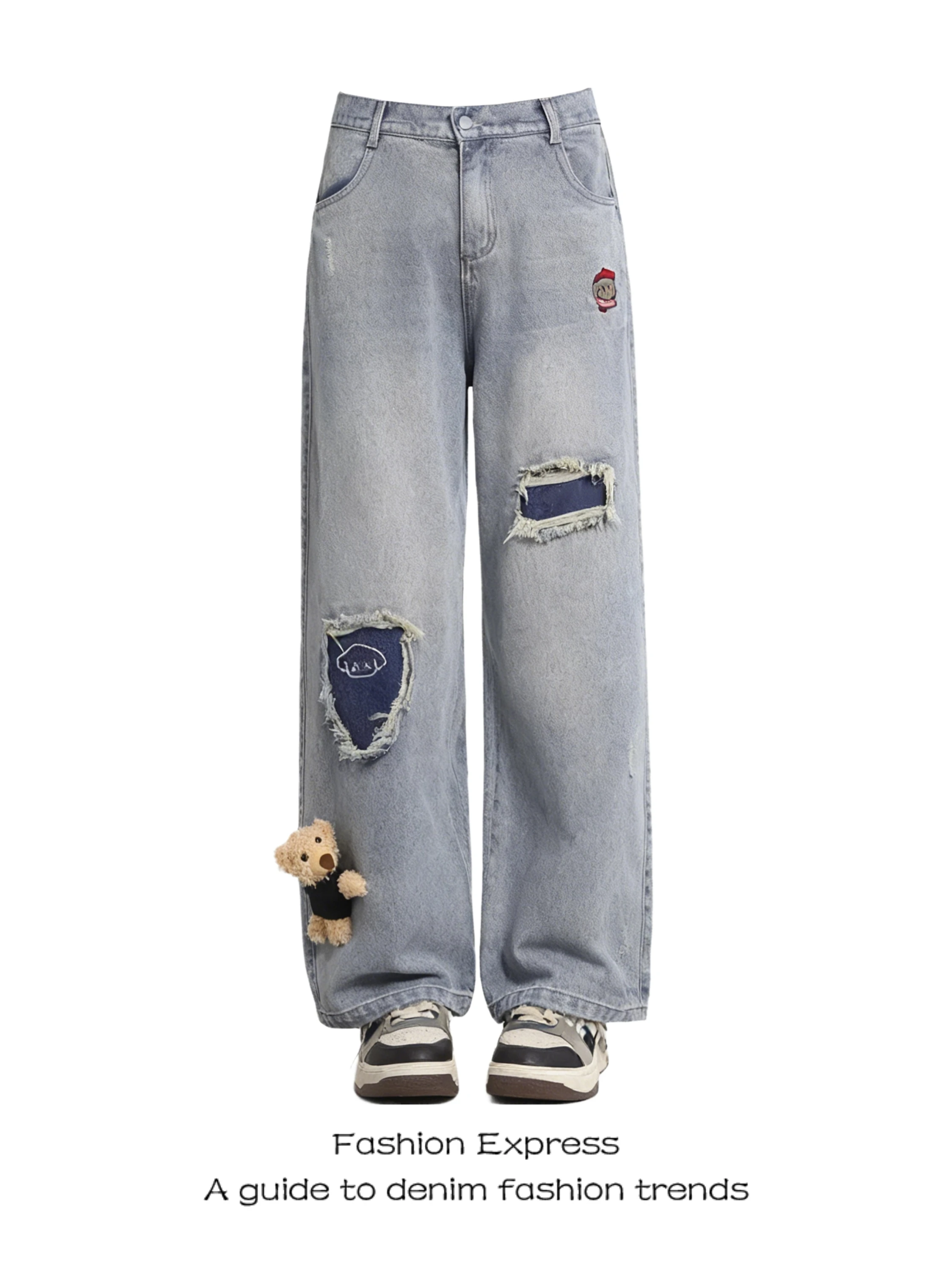 

Bear Pendant Loose Wide Leg Jeans Women's Casual Sle High Waist Denim Pants Embroidered Patch Trousers Spring Autumn Wear