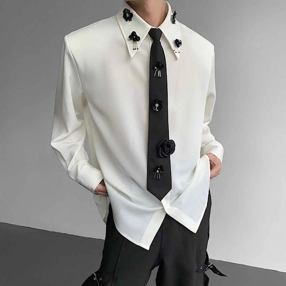 Mens Fall Shirt Floral Tie Padded Shoulder Shirt Streetwear Fashion Nightclub Stage Performance Niche Long-Sleeve Top Men'S Wear