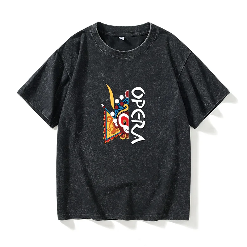 

Футболка свободного кроя с круглым вырезом и дизайном маски Пекинской оперы, летняя, из хлопка, повседневная, модная