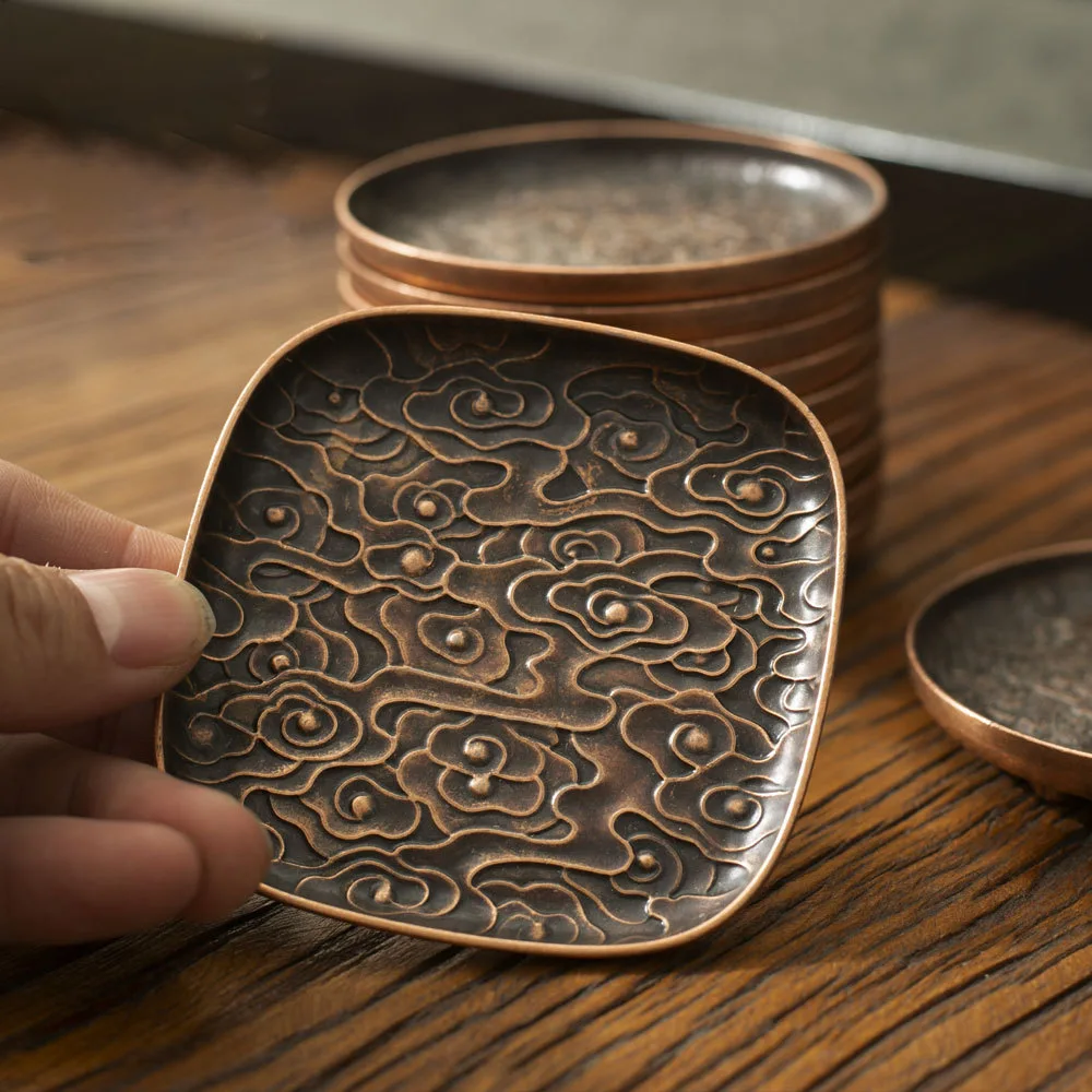 Retro Alloy Round Square Coaster Tea Set Accessories Lucky Cloud Pattern Cup Holder Insulation Pad Coffee Mat Desktop Decoration