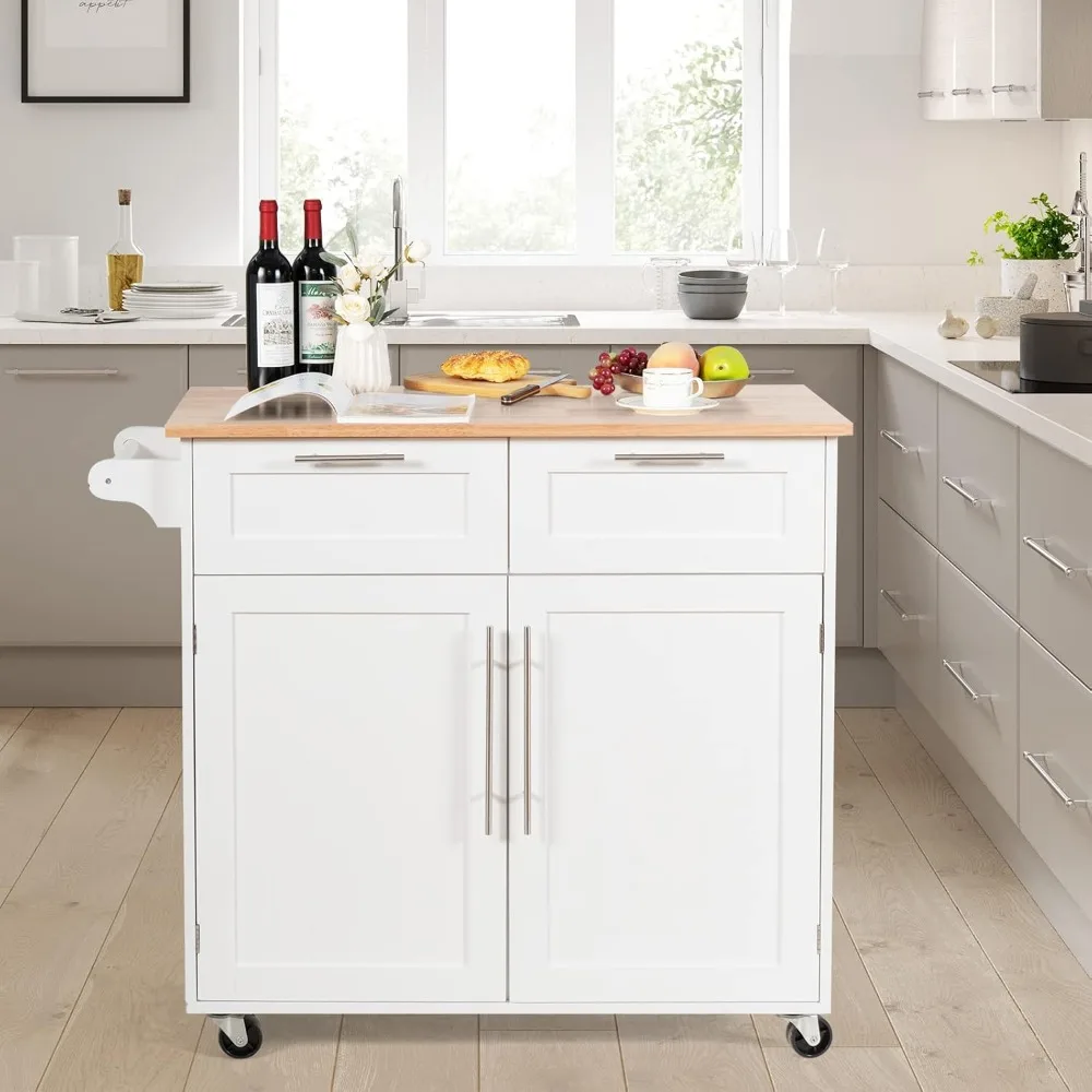 Kitchen Island Cart on Wheels, with Side Towel Bar,  Drawers,  Door Cabinet, Rolling Storage Trolley Cart with Rubber