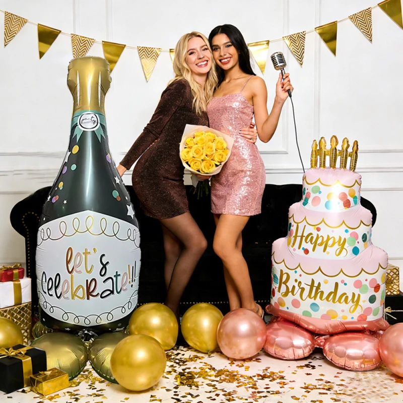 1PC Large Standing Cake & Wine Bottle Aluminum Foil Balloon Self‑Standing Birthday Champagne Bottle Foil Balloon for Party