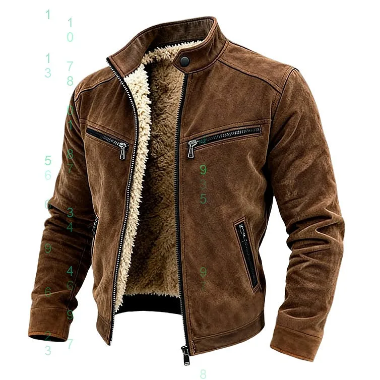 

Men's Vintage Brown Suede Zip Pocket Fleece Stand Collar Jacket Coats