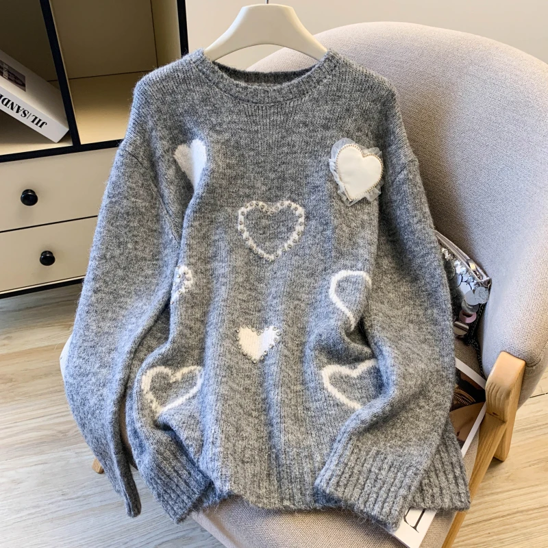 المرأة رمادي البلوز سترة Y2k خمر 2000s س الرقبة البلوز متماسكة طويلة الأكمام سترة كبيرة الحجم مع القلب الخريف الشتاء 2025 #1