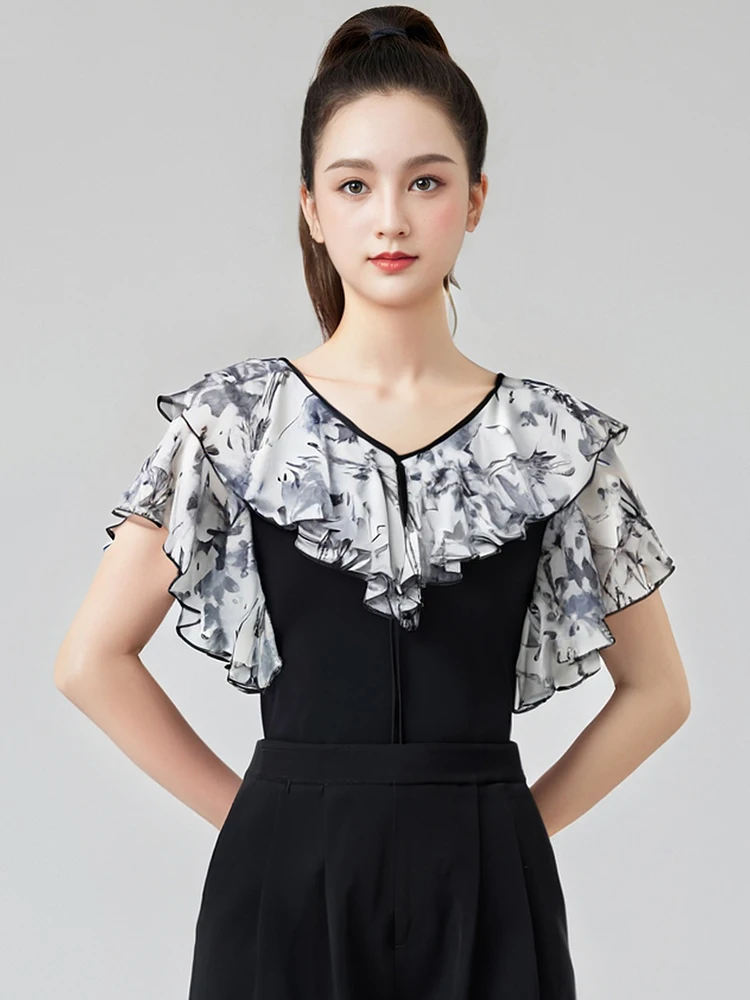 

Женский топ с v-образным вырезом и половиной рукавов с принтом, верхняя одежда для латинских танцев, национальный стандарт, чача, румба, танго, современные танцевальные костюмы DQL11681