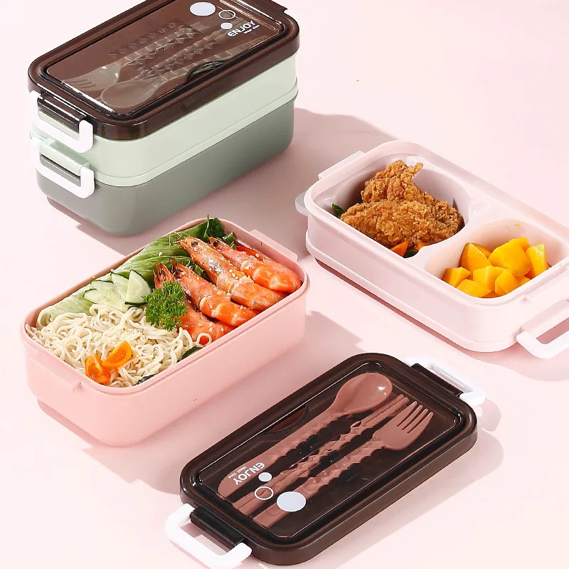 1pc 1400ml Double-layer Lunch Box Portable Compartment Food Box Microwave Lunch Box With Fork Chopsticks And Spoon Picnic Fresh image 6