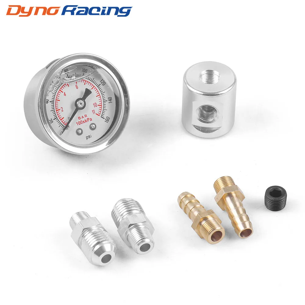 Universal 1/8 NPT Fuel Pressure Gauge Liquid Filled Polished Case 0-160 psi and adaptor kit For fuel injection systems